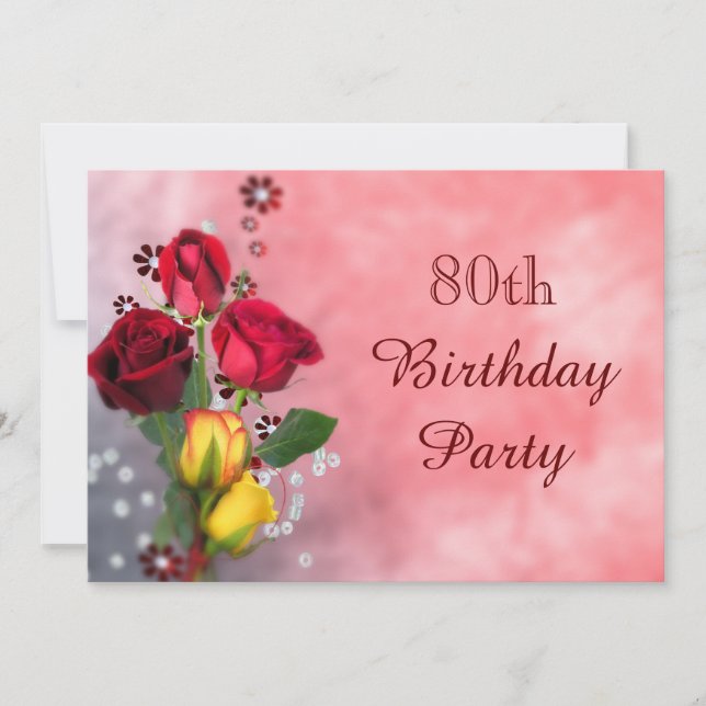 Chic Red & Yellow Roses 80th Birthday Invitation (Front)