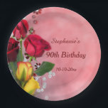 Chic Red & Yellow Roses 90th Birthday Paper Plate<br><div class="desc">Stylish, custom, elegant 90th Birthday Party paper plates for women and girls. Stylish and glamourous personalized / personalised 90th Birthday Party paper plates for your special day . With 3 beautiful half opened red roses and 2 yellow roses bouquet arrangement photography with glitzy beads and flowers images printed on a...</div>