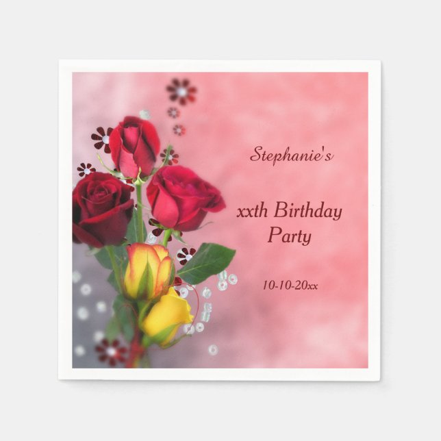Chic Red & Yellow Roses Birthday Napkin (Front)