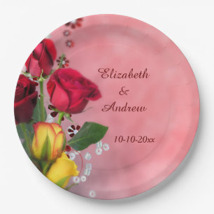 Chic Red & Yellow Roses Engagement Paper Plate