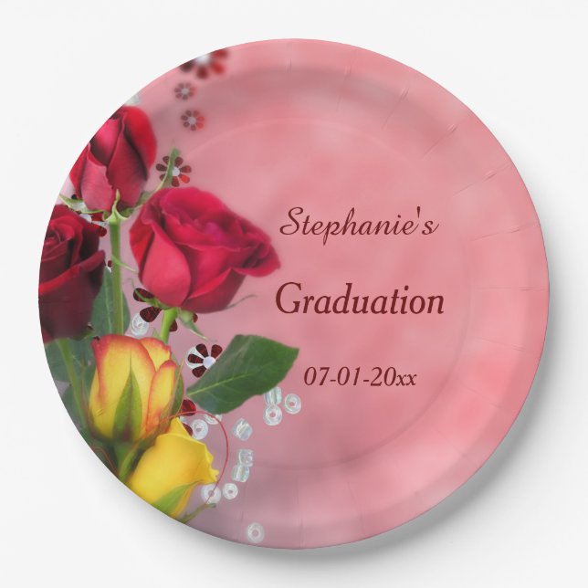 Chic Red & Yellow Roses Graduation Paper Plate (Front)