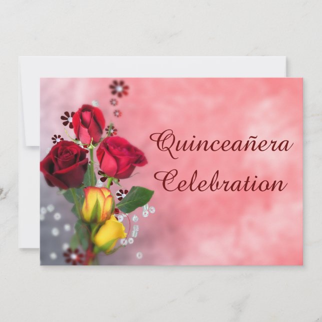 Chic Red & Yellow Roses Quinceañera Celebration Invitation (Front)