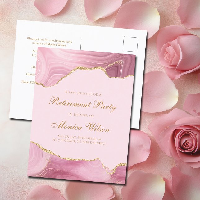 Chic Retirement Party Pink Gold Agate Invitation Postcard (Creator Uploaded)