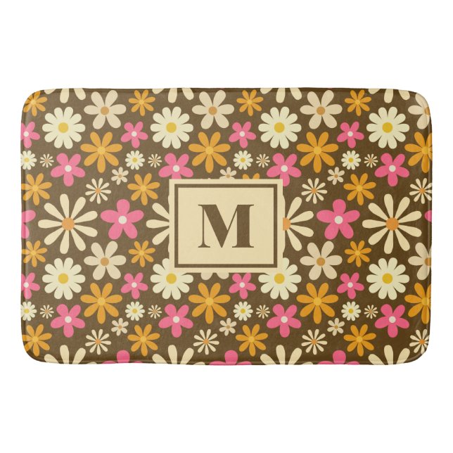Chic Retro 70s Groovy Hippie Flower Monogram Bath Mat (Front)