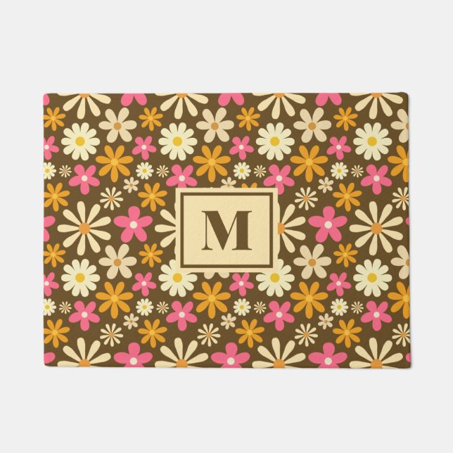 Chic Retro 70s Groovy Hippie Flower Monogram Doormat (Front)