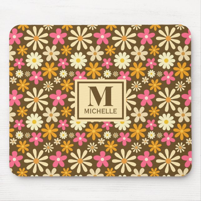 Chic Retro 70s Groovy Hippie Flower Monogram Mouse Pad (Front)