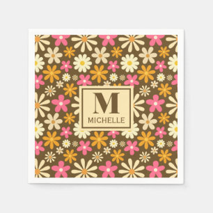 Chic Retro 70s Groovy Hippie Flower Monogram Napkin