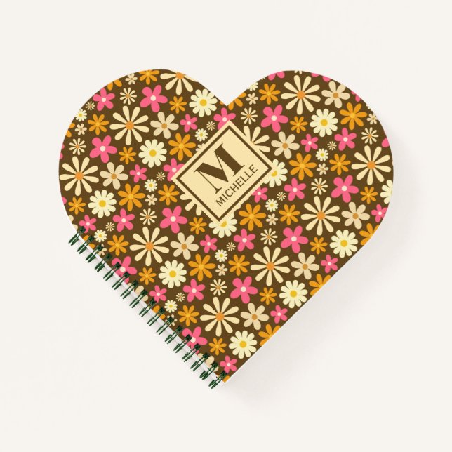 Chic Retro 70s Groovy Hippie Flower Monogram Notebook (Front)