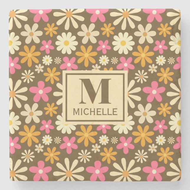 Chic Retro 70s Groovy Hippie Flower Monogram Stone Coaster (Front)