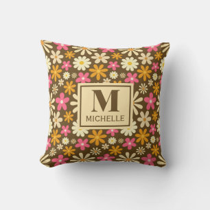 Chic Retro 70s Groovy Hippie Flower Monogram Throw Pillow