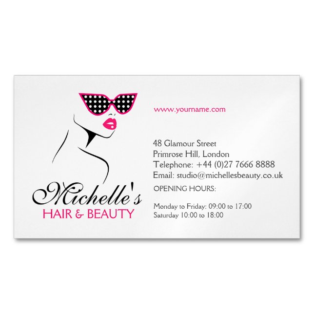Chic Retro Black Pink Polka Dot Sunglasses Beauty  Magnetic Business Card (Front)