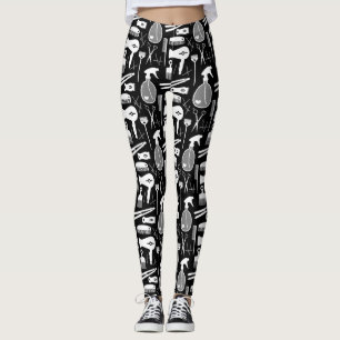 Chic Retro Black & White Hair Salon Tools Pattern Leggings