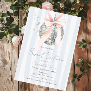 Chic Retro Disco Ball Bow Blue Stripes Sweet 16 Invitation