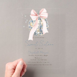 Chic Retro Disco Ball Bow Sweet 16 Acrylic Invitations