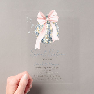 Chic Retro Disco Ball Bow Sweet 16 Acrylic Invitations
