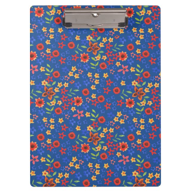 Chic Retro Floral Print on Blue Acrylic Clipboard (Front)