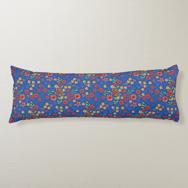 Chic Retro Floral Print on Blue Body Pillow (Front)