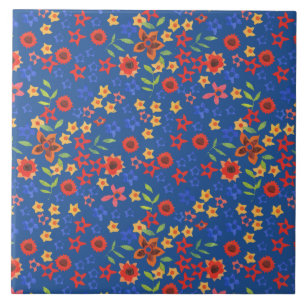 Chic Retro Floral Print on Blue Ceramic Tile