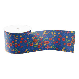 Chic Retro Floral Print on Blue Grosgrain Ribbon