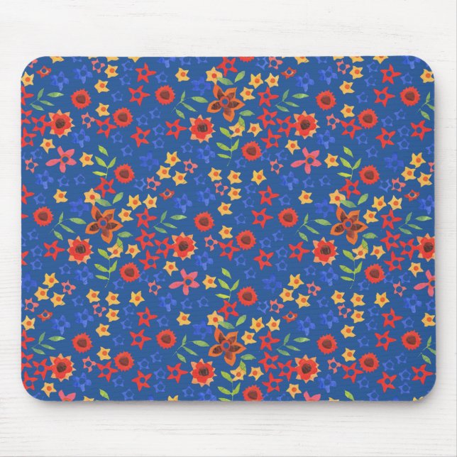 Chic Retro Floral Print on Blue Mousepad (Front)