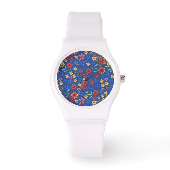 Chic Retro Floral Print on Blue Wrist Watch (Front)