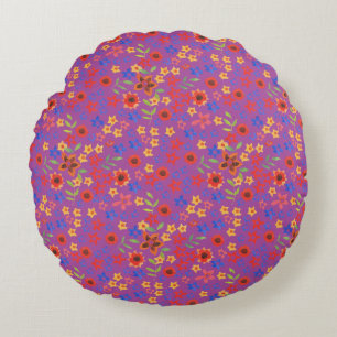 Chic Retro Floral Print on Magenta Round Pillow