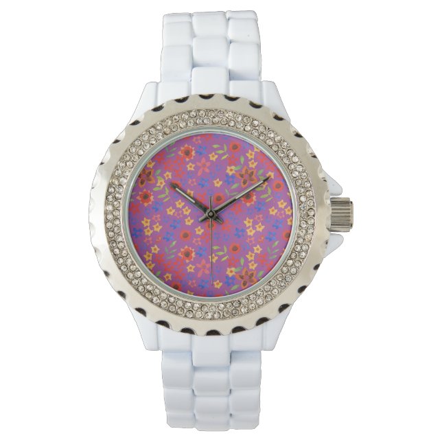 Chic Retro Floral Print on Magenta Wrist Watch (Front)