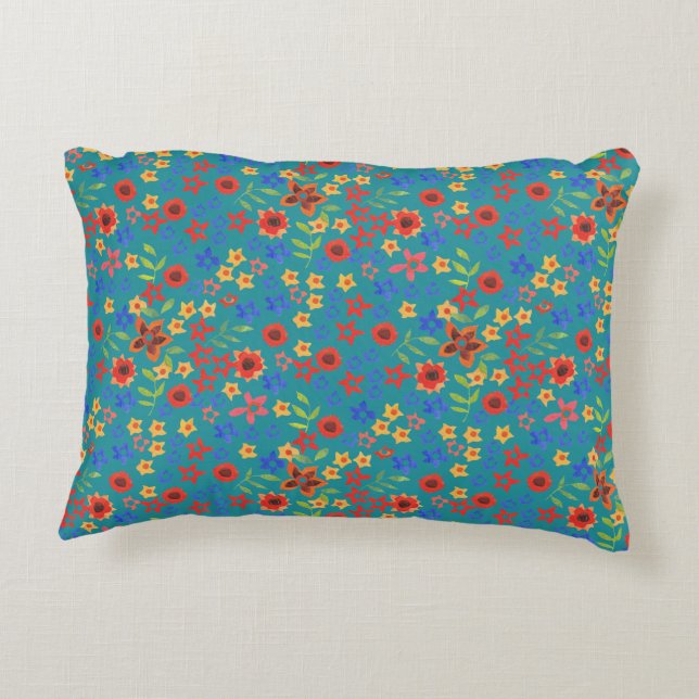 Chic Retro Floral Print on Teal Accent Pillow (Back)