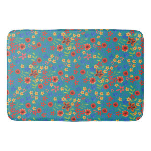 Chic Retro Floral Print on Teal Bath Mat