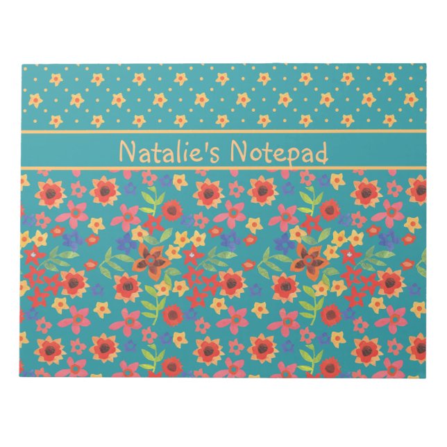 Chic Retro Floral Prints on Teal Custom Notepad (Front)