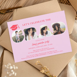 Chic Retro hot pink 3 photos script graduation Invitation