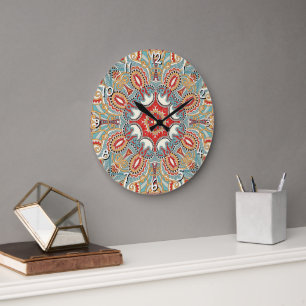 Chic Retro Red Turquoise Teal Kaleidoscope Pattern Large Clock