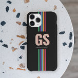 Chic Retro Stripes Monogram  iPhone 15 Pro Max Case<br><div class="desc">Elevate your phone game with the perfect blend of retro flair and modern sophistication. This customizable phone case features bold, oversized initials in a timeless serif font, paired with your name displayed below in sleek, understated text. Set against a striking black background, vibrant retro rainbow stripes add a pop of...</div>