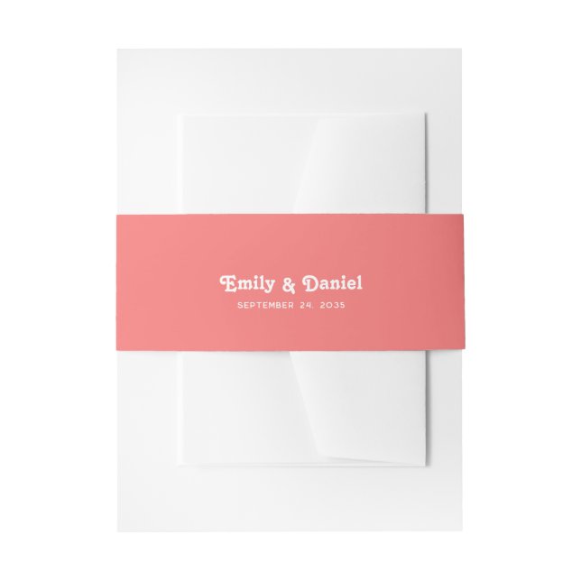 Chic Retro Summer Bright Coral Pink Wedding Invitation Belly Band (Front Example)