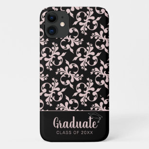 Chic Rococo Pink Black Ornament Graduate  iPhone 11 Case