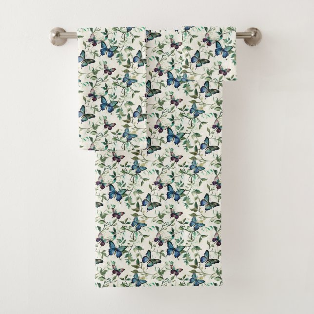 Chic Romantic Blue Butterflies Bridal Shower Bath Towel Set (Insitu)