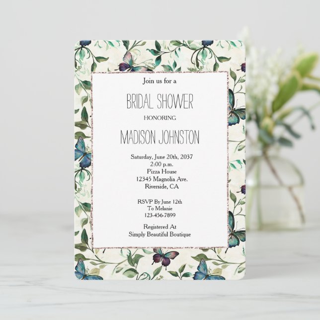 Chic Romantic Blue Butterflies Bridal Shower Invitation (Standing Front)