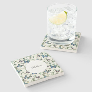 Chic Romantic Blue Butterflies Bridal Shower Stone Coaster
