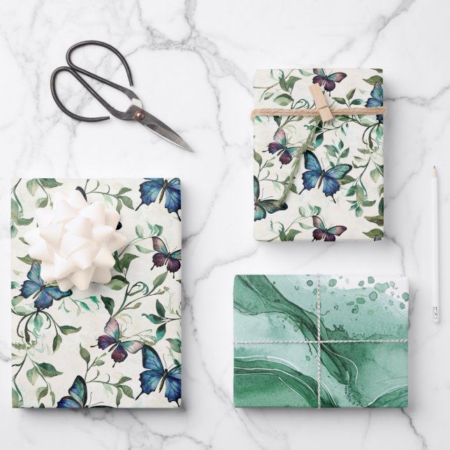 Chic Romantic Blue Butterflies Bridal Shower Wrapping Paper Sheet (Front)