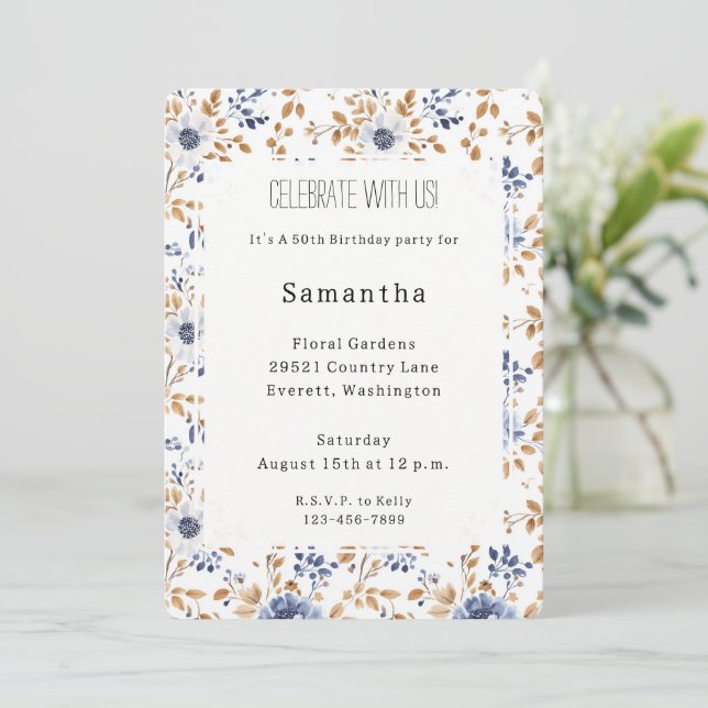 Chic Romantic Blue White Floral Birthday Invitation (Standing Front)