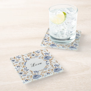 Chic Romantic Blue White Floral Wedding Glass Coaster
