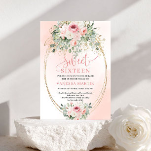 Chic Romantic Blush and Gold Sweet Sixteen Floral Invitation
