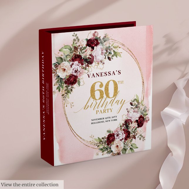 Chic Romantic Boho Burgundy Blush Gold 60th Memory Binder (Chic Romantic Boho Burgundy Blush Gold 60th Memory 3 ring binder)