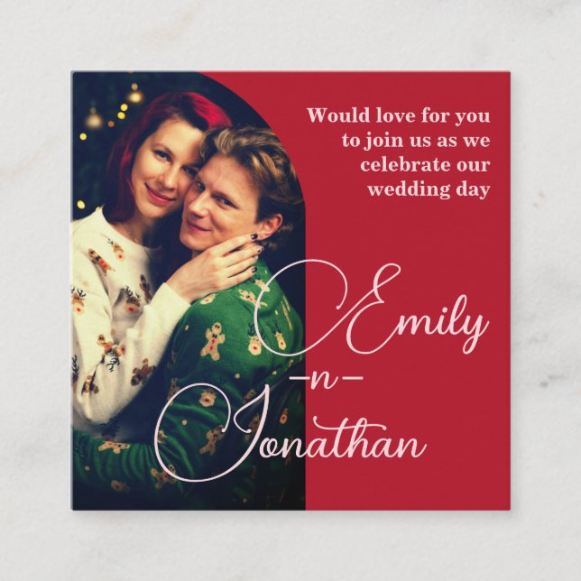Chic Romantic Deep Red Split Photo QR Wedding Enclosure Card (Front)