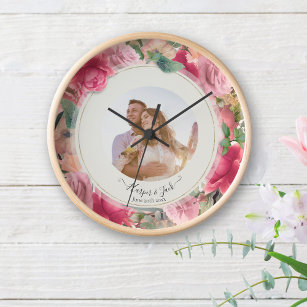 Chic Romantic Floral Blush Pink Roses Wedding Clock