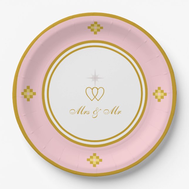 Chic Romantic Golden Rose Gold & White Wedding Paper Plate (Front)