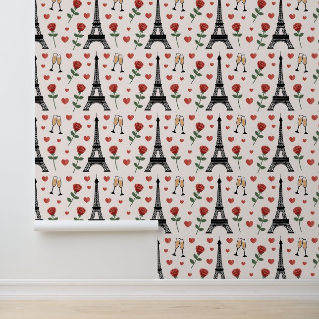 Chic Romantic Paris France Eiffel Tower & Roses Wallpaper (Application)