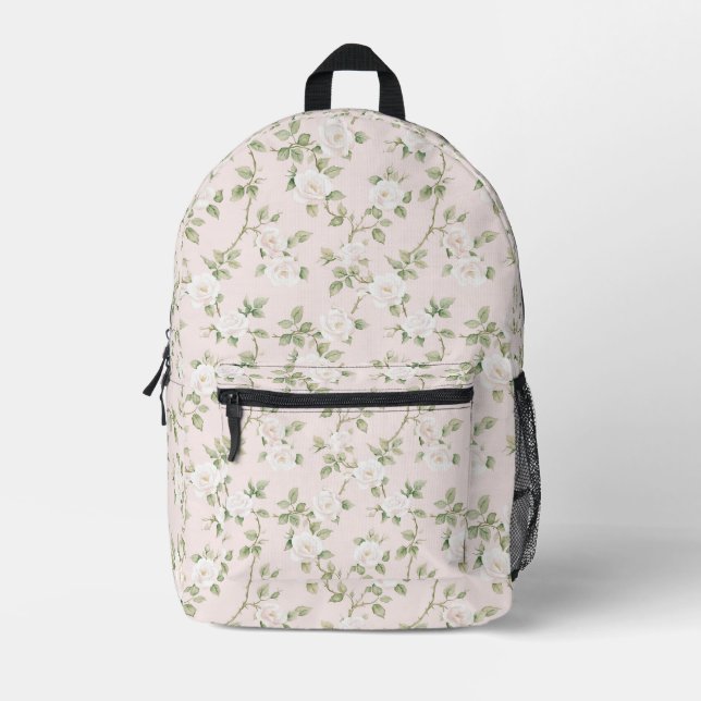 Chic Romantic Pink White Floral Printed Backpack (Front)