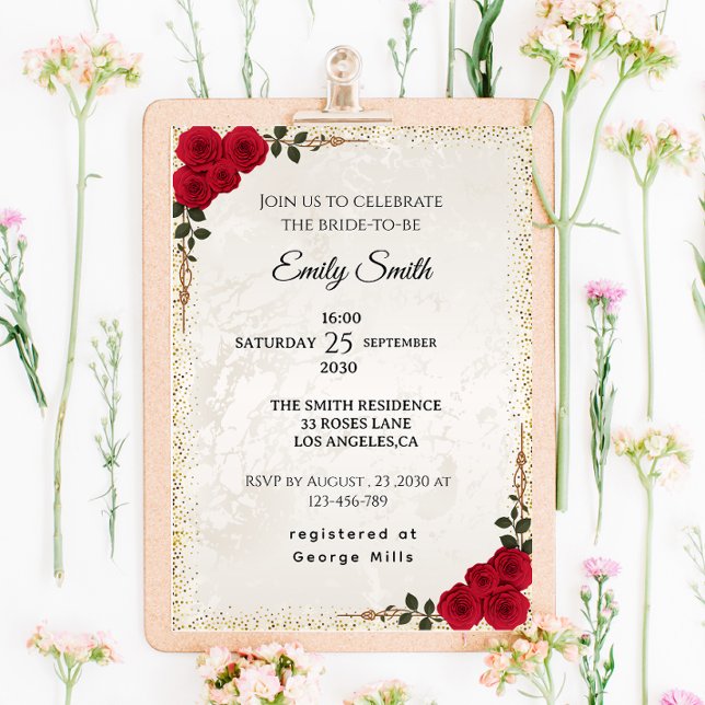 Chic Romantic Red Roses & Gold Foil Bridal Shower Invitation (Creator Uploaded)