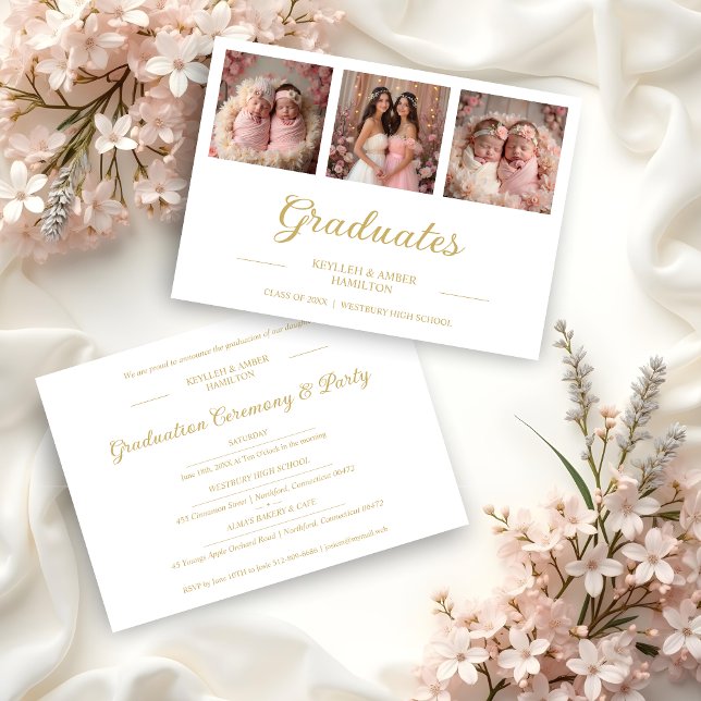 Chic Romantic Then & Now 3-Photo Twins Double Grad Invitation (Chic Romantic Then & Now 3-Photo Twins Double Graduation Celebration Faux Golden Invitation Cards.)